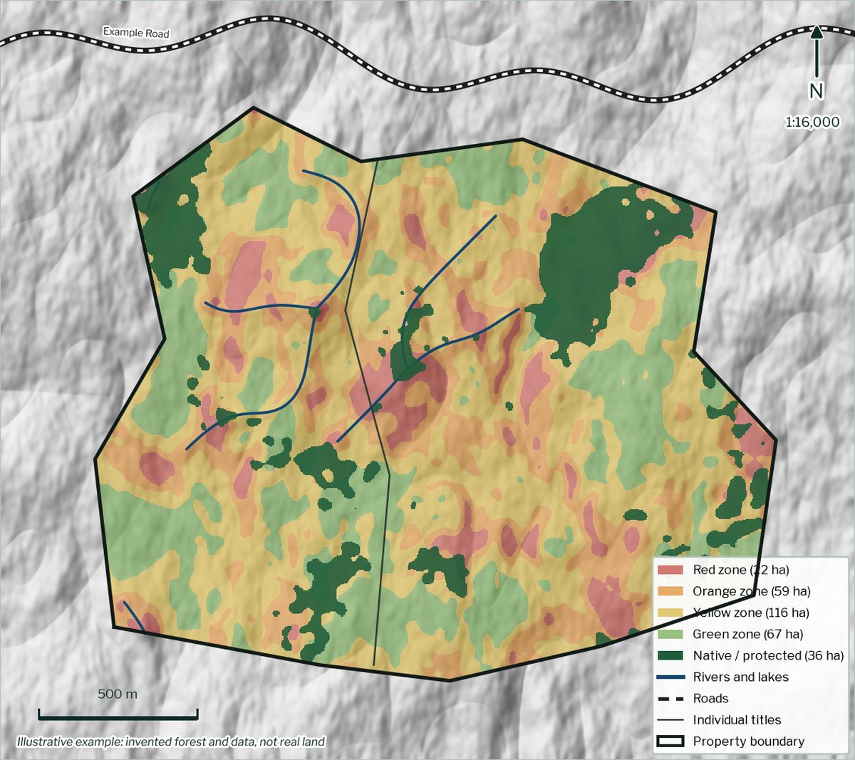 Example erosion susceptibility map: green, yellow, orange and red zones over a hillshade, with native forest netted off